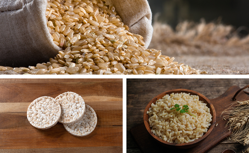 A burlap bag of brown rice.  Rice cakes.  A bowl of cooked rice.