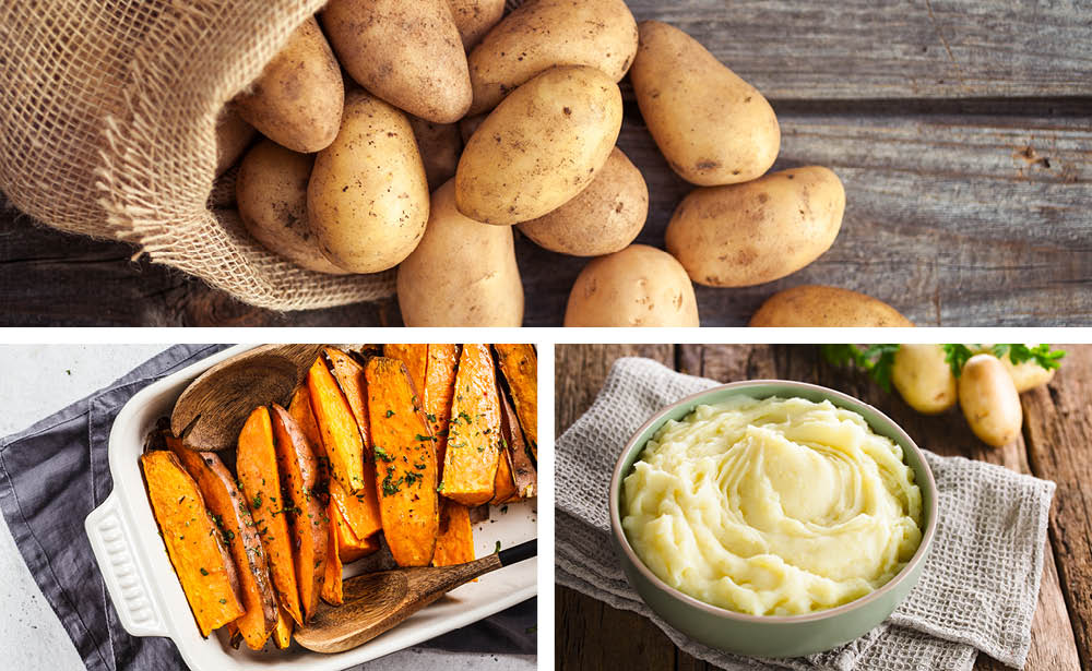 A burlap bag of field potatoes. Roasted sweet potato spears in a baking dish. A bowl of mashed potatoes.