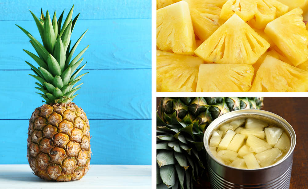 A whole pineapple. Cut up pineapple. A can of pineapple chunks.