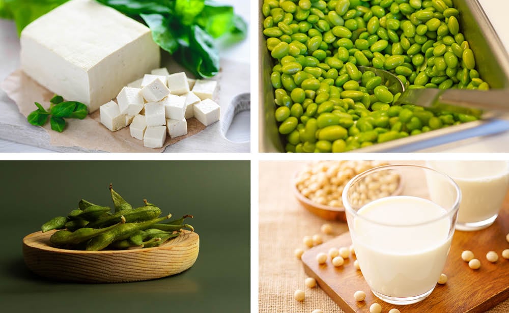 A block of tofu. Shelled edamame beans. A bowl of soybeans in pods. A glass of soy milk.