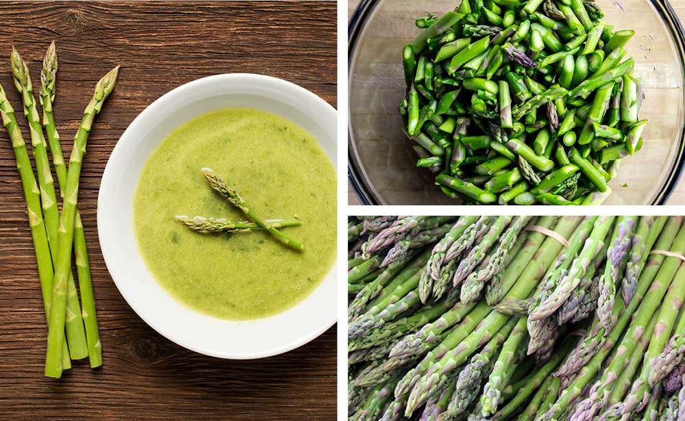 A bowl of asparagus soup. A bowl of sliced asparagus.  Bundles of asparagus spears.