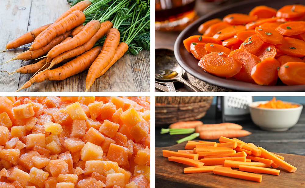 A bunch of fresh carrots with tops. Sliced carrots. Frozen cubed carrots. Carrots cut into sticks.