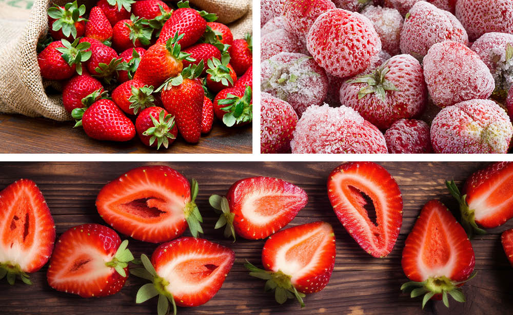 A burlap bag of fresh strawberries.  Frozen strawberries.  Halved strawberries.