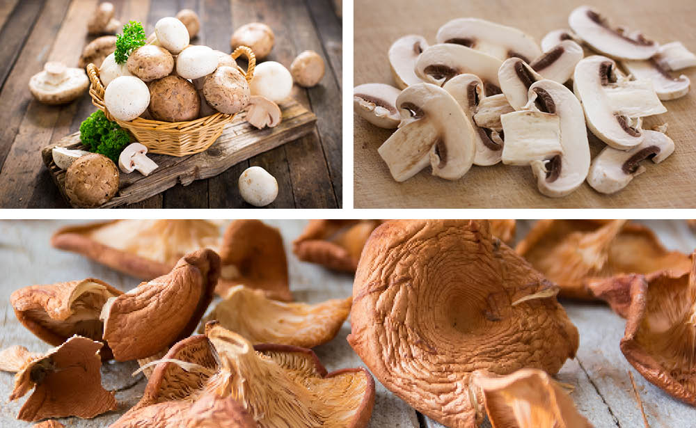 A basket of white button and cremini mushrooms. Sliced button mushrooms. Dried oyster mushrooms.