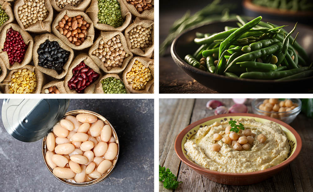 Several burlap bags with a variety of dried beans and legumes.  A bowl of green peas in their pods.  An open can of white canellini beans.  A bowl of puréed chickpeas (hummus).