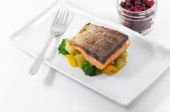 Trout with roasted vegetables and low bush cranberry relish
